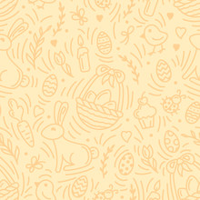 Easter Holiday Seamless Pattern With Eggs, Rabbits And Other Elements. Linear Style Vector Illustration. Suitable For Wallpaper, Wrapping Or Textile