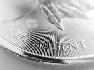 Macro Close up of a 999% Silver Canadian Maple Leaf Bullion Coin