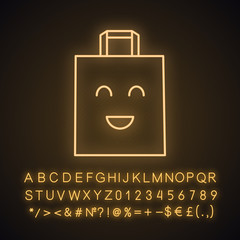 Sticker - Smiling shopping bag character neon light icon