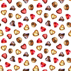 Seamless pattern with chocolate heart in gold and red foil, red glaze. Use for textile, wrapping paper, wallpaper, and other design. Drawing with colorful pencils.