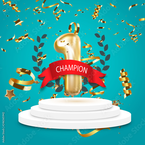 Champion, winner, number one background with red ribbon, olive branch and  confetti on round pedestal isolated on blue. Poster or brochure template. -  Buy this stock vector and explore similar vectors at