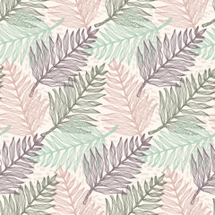  Tender colors seamless pattern with pale green, orange and purple tropical leaves. Light elegant vector exotic fern leaf texture for textile, wrapping paper, surface, cover, background