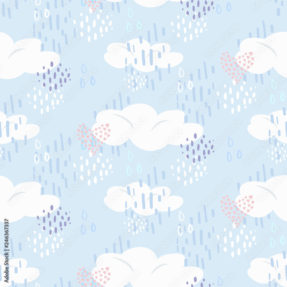 Cute scandinavian seamless pattern with white clouds, pink hearts and ...