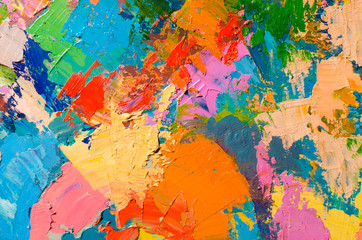 Abstract colorful oil painting on canvas. Oil paint texture with brush and palette knife strokes. Multi colored wallpaper. Macro close up acrylic background. Modern art concept. Horizontal fragment.