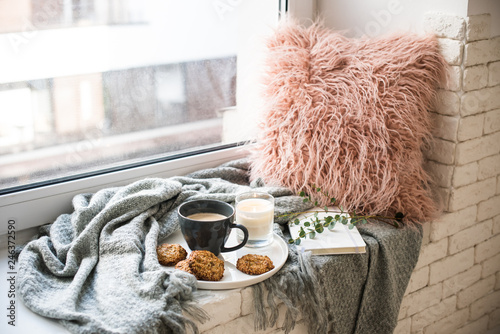 Scandinavian style breakfast, cup of coffee and cookies on cozy windowsill with Tableau sur Toile