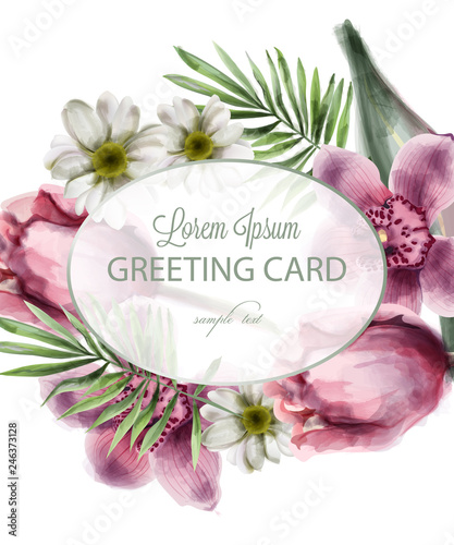 Orchid and daisy flowers round card Vector watercolor. Spring summer beautifu...