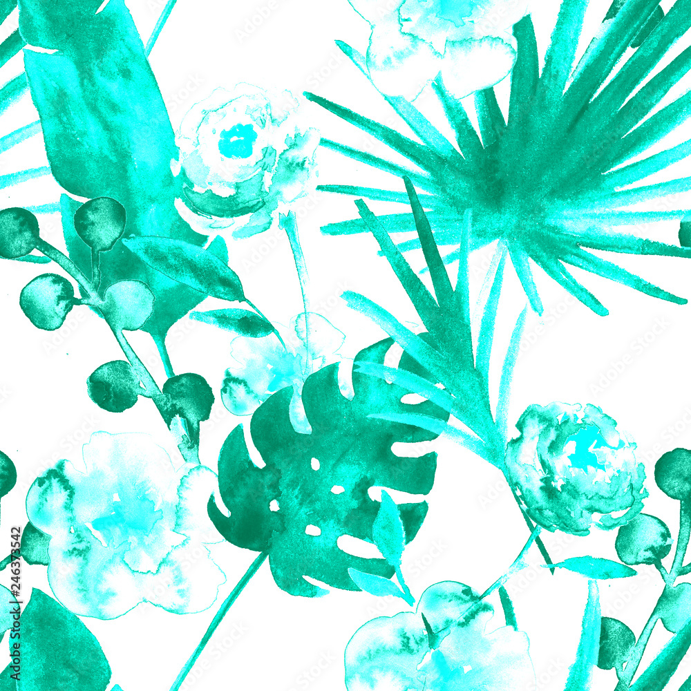 Contrast Turquoise Blue Retro Exotic Floral Watercolour Seamless Pattern. Tender Female Fabric Background with Banana, Fan Leaves, Roses. Painted Floral Watercolour Seamless Pattern Tropical Print.