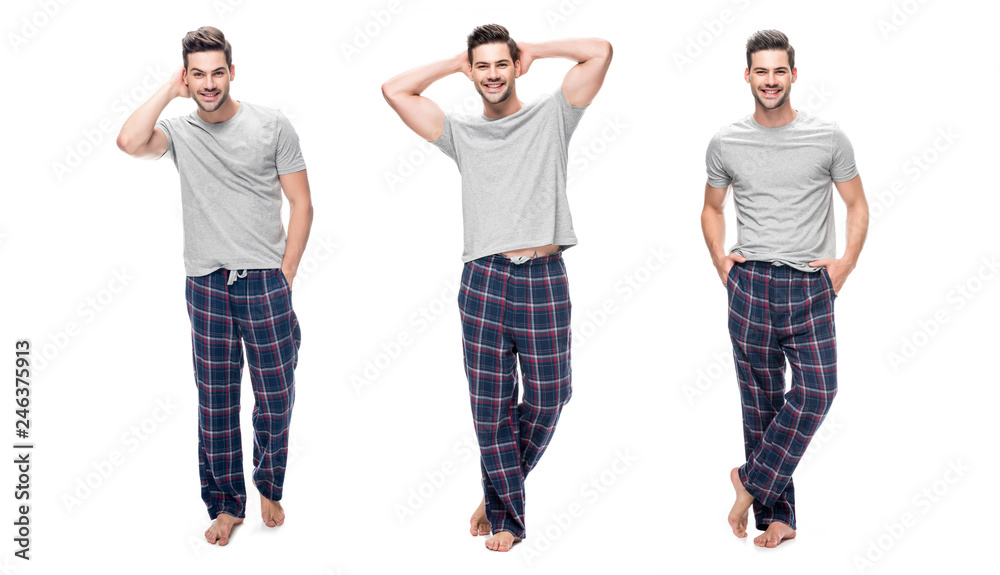 collage of handsome relaxing young man in pajama standing and smiling isolated on white - obrazy, fototapety, plakaty 