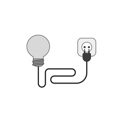 Poster - Flat design style vector concept of light bulb with wire electrical plug and outlet on white. Colored, black outlines.