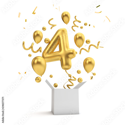 Cuadros en Lienzo Happy 4th birthday gold surprise balloon and box. 3D Rendering
