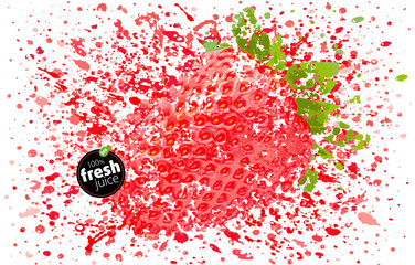 Strawberry with a splash of fresh juice. Explosion delicious berry and splashes of ripe juicy fruit. White background vector Illustration