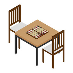 Isometric backgammon wooden board and chips for game. Table with board game and two chairs