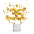 Happy 35th birthday gold surprise balloon and box. 3D Rendering