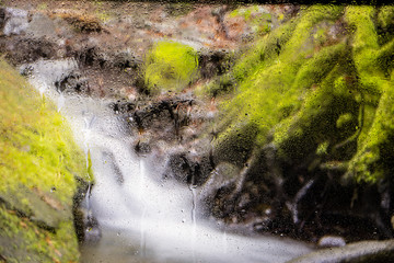 Wall Mural - Water droplets on a window pane with beautiful defocused scenery outside.