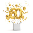 Happy 60th birthday gold surprise balloon and box. 3D Rendering