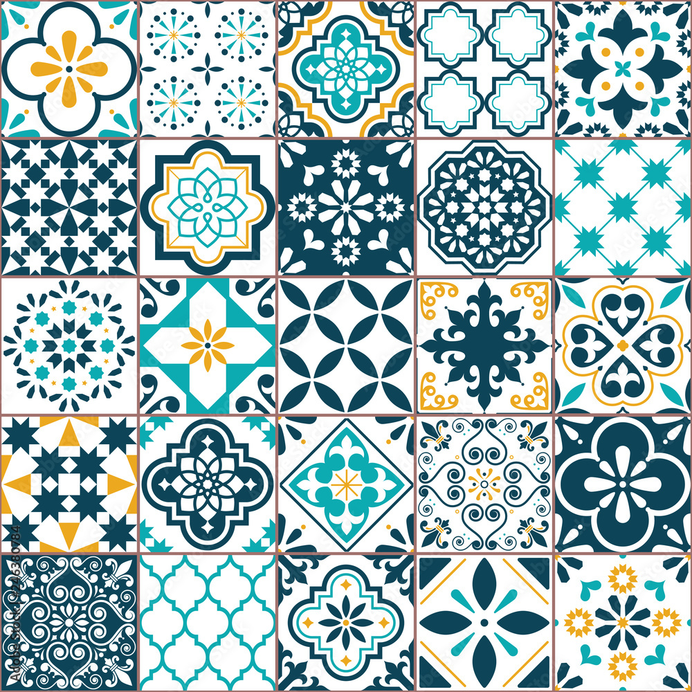 Lisbon geometric Azulejo tile vector pattern, Portuguese or Spanish retro old tiles mosaic, Mediterranean seamless turquoise and yellow design - obrazy, fototapety, plakaty 