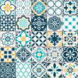 Lisbon geometric Azulejo tile vector pattern, Portuguese or Spanish retro old tiles mosaic, Mediterranean seamless turquoise and yellow design