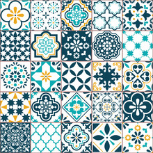 Lisbon Geometric Azulejo Tile Vector Pattern, Portuguese Or Spanish Retro Old Tiles Mosaic, Mediterranean Seamless Turquoise And Yellow Design