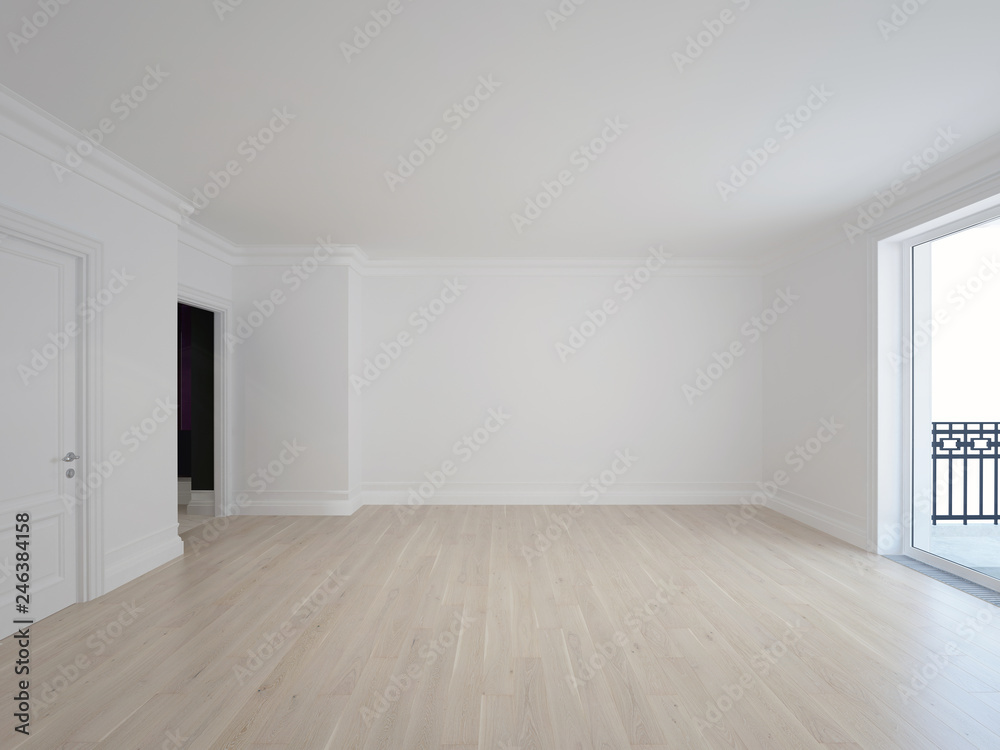 White room with balcony in new home - 3D image - obrazy, fototapety, plakaty 