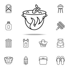 Poster - saucepan at the stake icon. Camping icons universal set for web and mobile