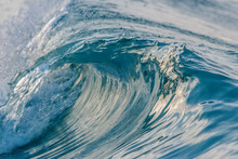Ocean Wave Closeup Water. Ocean Wave Closeup Detail Of Upright Crashing Hollow Breaking Water. Energy Power Of Nature.