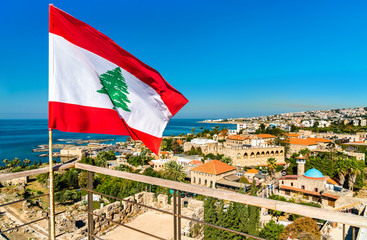 Canvas Print - Flag of Lebanon at Byblos Castle