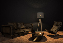 A Handmade Sofa And A Lamp On A Grunge Style Wall Background. Made To Order From The Car Seat. 3D Illustration
