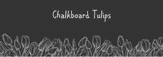 Chalkboard flat horizontal banner with outline tulips on black background