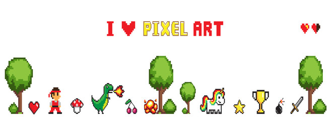 Aufkleber - Collection of characters man and dragon, heart and star, cup and sword, unicorn and bomb near trees and bushes. Pixel art isolated on white vector