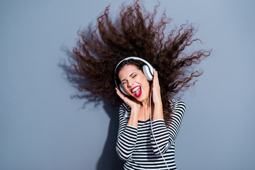 Closeup photo portrait of beautiful pretty with open mouth voice vocal vocalist wearing white headphones listening to melody isolated grey background