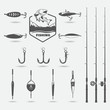 fishing rods, floats, set for hobby, raster copy, illustration