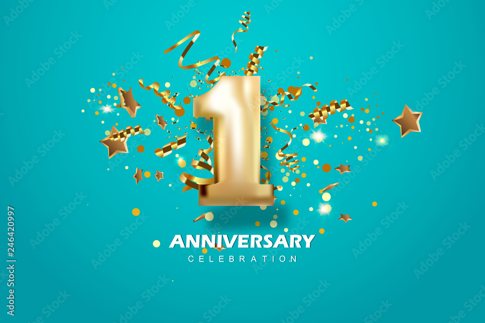 First Anniversary celebration. Golden number 1 with sparkling confetti, stars, glitters and streamer ribbons. Vector festive illustration. - obrazy, fototapety, plakaty 