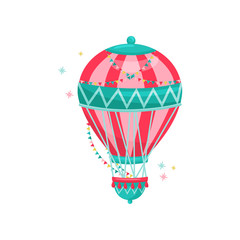 Wall Mural - Flying hot air balloon decorated with colorful bunting flags. Amusement park. Entertainment theme. Flat vector icon