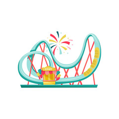 Canvas Print - Roller coaster and small ticket booth. Extreme funfair attraction. Equipment of amusement park. Flat vector design