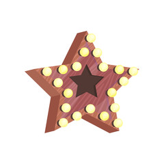 Wall Mural - Wooden star with small bulb lights. Decor element for dressing room. Accessory for home decoration. Flat vector icon