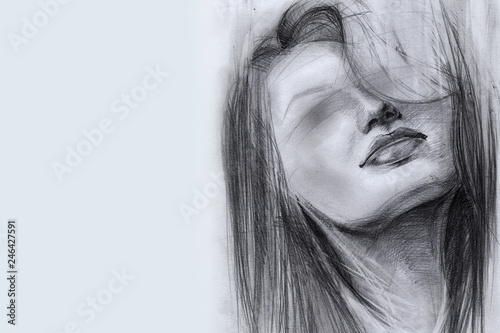 Portrait Of A Girl Face Hair Blind Sketch Pencil