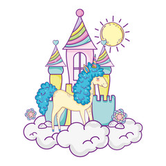 Canvas Print - beautiful little unicorn with castle in the clouds