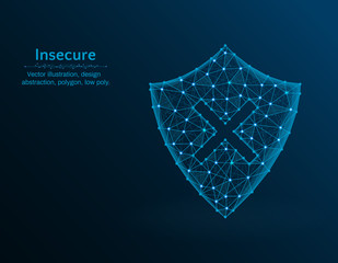 Insecure low poly vector illustration, shield and cross icon on blue background, abstract design illustration