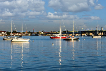 Poster - St. Augustine, Florida. January 26 , 2019. Sailboat and Bridge of Lions in Florida's Historic Coast