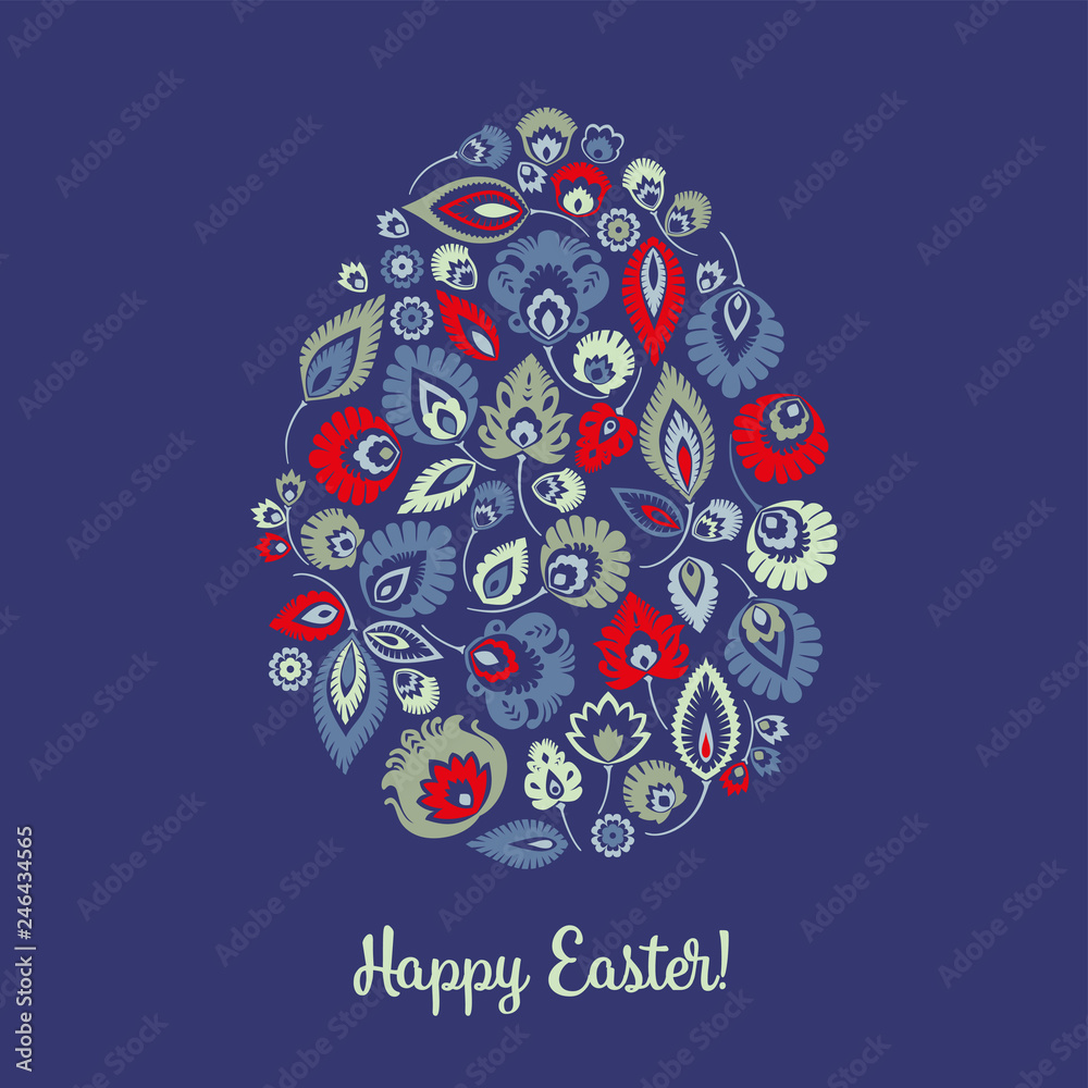 Happy Easter – kartka wielkanocna z tradycyjną wycinanką łowicką na granatowym tle - obrazy, fototapety, plakaty 