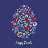 Fototapeta  - Happy Easter – kartka wielkanocna z tradycyjną wycinanką łowicką na granatowym tle