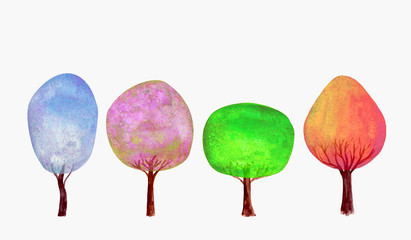 four seasons winter spring summer autumn blue pink green gold trees set watercolor background.