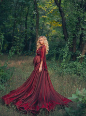 young pregnant woman with blond curly hair in long light flapping red scarlet dress, standing in the forest, holding, hugging her tummy. like a fairy magnificent queen. art autumn dark halloween photo