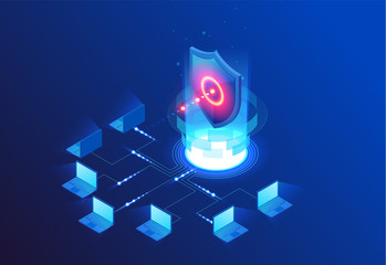 Poster - Isometric Protection network security and safe your data concept. Web page design templates Cybersecurity. Digital crime by an anonymous hacker. Vector illustration