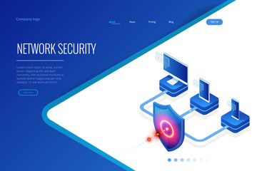 Wall Mural - Isometric Protection network security and safe your data concept. Web page design templates Cybersecurity. Digital crime by an anonymous hacker. Vector illustration