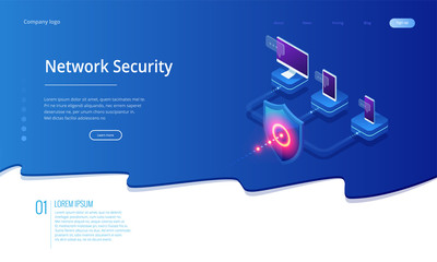Poster - Isometric Protection network security and safe your data concept. Web page design templates Cybersecurity. Digital crime by an anonymous hacker. Vector illustration