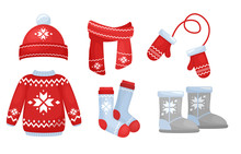 Vector Illustration Of Winter Clothes Collection In Bright Colors. Knitted Hat And Scarf, Socks, Hand Gloves, Sweater In Christmas Style Isolated On White Background In Cartoon Flat Style.