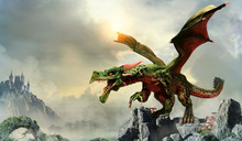 Green Dragon Scene 3D Illustration