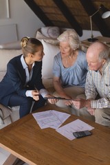 Wall Mural - Female doctor and senior couple discussing over clipboard