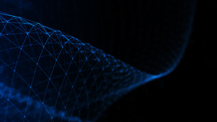 Poster - Abstract tangle of points on blue background. Chaotic waves in outer space. Large data background .3d rendering.